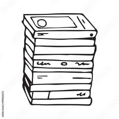 Tall stack of books hand drawn doodle outline vector illustration. Big pile of books, TBR, reading, library concept isolated on white background. Sketch style.