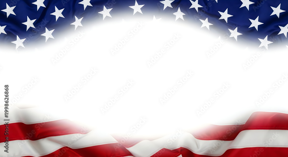 Fototapeta premium American flag waving on porch for Flag Day celebration in sunny suburban home with lush greenery