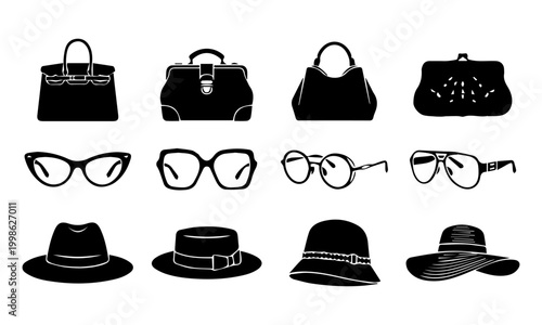 Fashion accessories silhouette set with bags, glasses, and hats