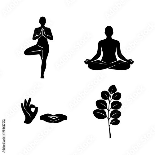 Yoga and mindfulness silhouette set with poses, hand gestures, and nature