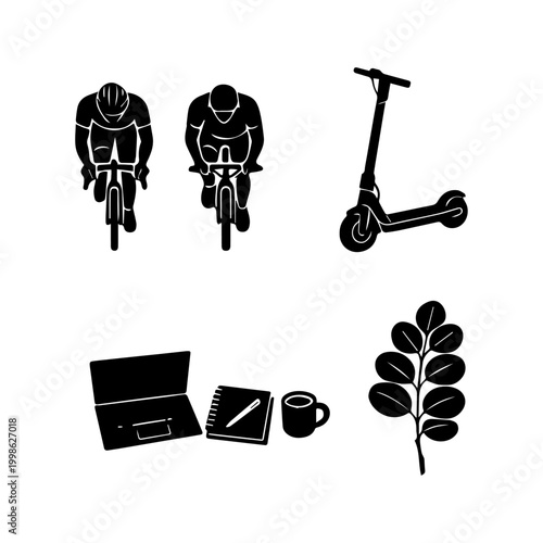 Modern lifestyle silhouette set with cycling, scooter, workspace, and nature
