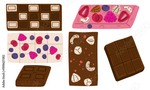 Chocolate bar set with berries, nuts and pink glaze. Dark, white, milk and pink chocolate. Sweet cocoa snack illustration for icon, sticker for candy shop menu, dessert card. Vector illustration