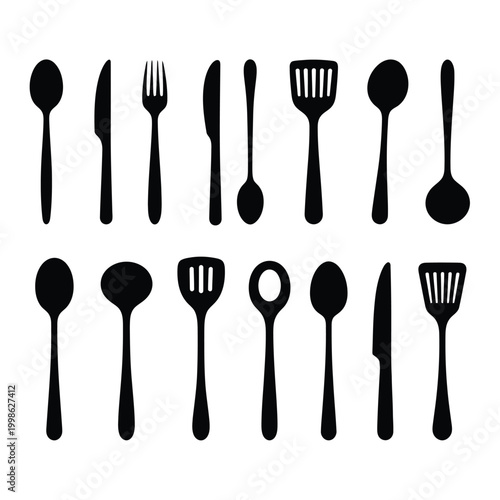 Set of Minimalist Black Kitchen Utensils Vector Illustration for Modern Design and Cooking