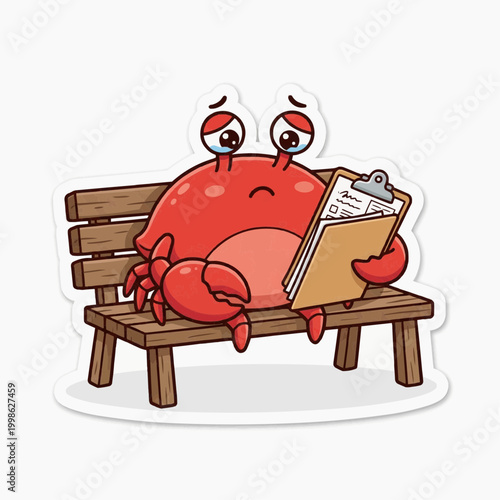 Sad Crab Football Player Sitting on Bench Cartoon Sticker