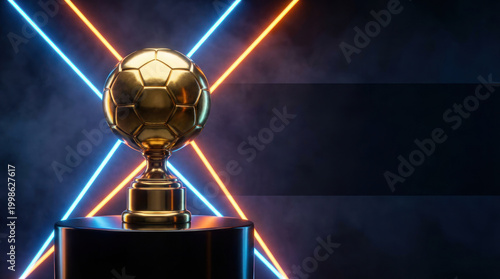 Luxury golden soccer trophy on pedestal with blue and orange neon lights, ideal for championship winner and tournament award themes.