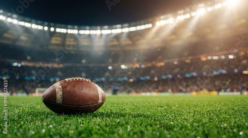 Close-up of an American football on green turf inside a crowded stadium under bright lights, ideal for game day themes.