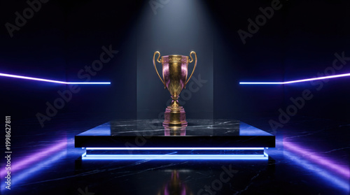 Elegant golden trophy displayed on illuminated podium with dramatic spotlight and neon lights, symbolizing victory, championship and premium success.