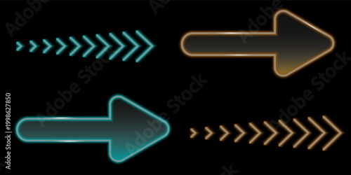 A set of neon blue, yellow directional arrows in different color. Blue neon arrow elements. Yellow glowing led direction sign. Shine tube lamps in arrowhead shape. Bright luminous fluorescent pointer 