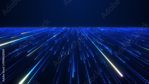 Abstract futuristic data flow with neon light streaks in a dark digital space. Concept of AI, big data analytics, neural networks, high-speed computing, and advanced cyber technology.