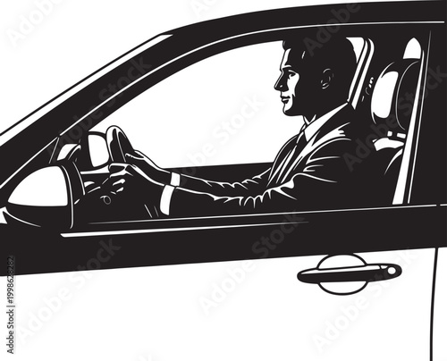Silhouette of a businessman driving a car with steering wheel
