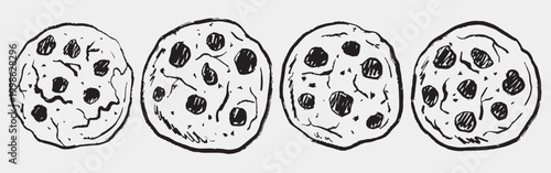 Hand drawn set of four chocolate chip cookies. Vector sketch illustration in vintage crayon charcoal style, perfect for bakery branding, snack packaging, or playful food-themed visuals