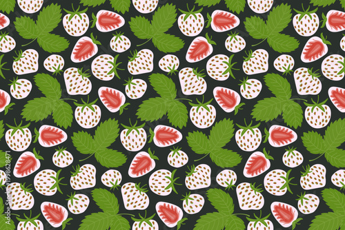 White strawberry seamless pattern on dark. Trendy pineberry fruit background for exotic food packaging, garden textile, or summer kitchen decor.