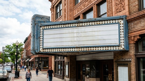 Vintage cinema marquee mockup with blank sign on retro theater facade