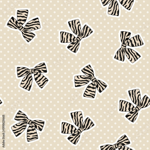 Seamless pattern featuring hand drawn zebra print bows on a neutral beige polka dot background. Perfect for textiles, packaging, stationery, and feminine surface pattern design.