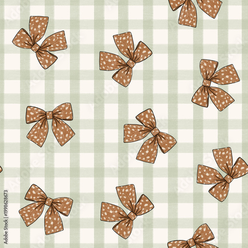 Seamless pattern featuring hand drawn fawn print bows on a soft green gingham background. Perfect for textiles, baby products, packaging, stationery, and feminine surface pattern design.