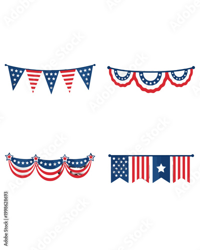 Patriotic holiday bunting sets featuring red white and blue decorative fabric banners for national festival celebration events displayed in a classic hanging arrangement to honor historical