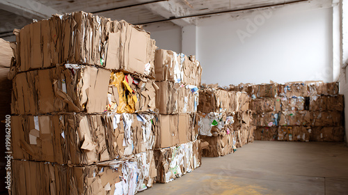 Large stacks of compressed cardboard and paper waste bales await recycling in a stark industrial warehouse interior with concrete floor and white walls