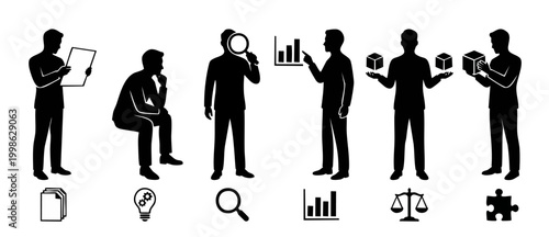 Business People Silhouettes Working with Data and Analytics Icons, Set of Professional Characters Engaging in Strategy, Research, Planning, Financial Management and Problem Solving Concepts Isolated