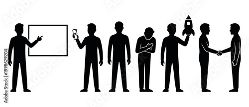 Business People Silhouettes Set Presenting Meeting Working Startup Launch Handshake Concept. Professional office character collection with flat black icons for corporate presentation or company infogr