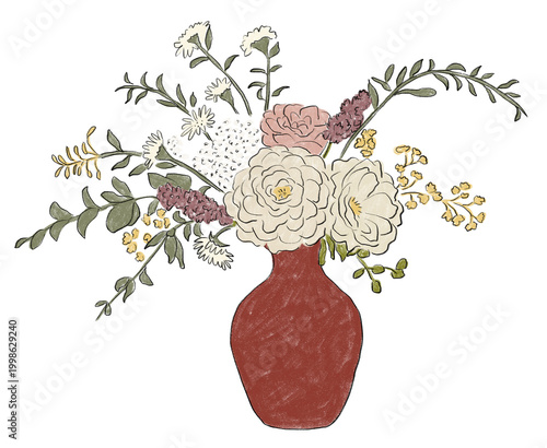 Hand drawn floral illustration with soft colors featuring a bouquet of flowers in a red vase. Ideal for branding, packaging, stationery, and editorial design.