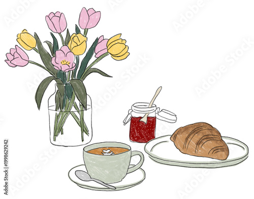 Hand drawn brunch illustration with coffee, croissant, jam jar, and tulip flowers in soft colors. Ideal for branding, packaging, menus, and editorial design.