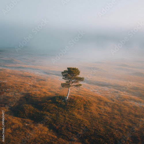mesmerizing topdown view of tundra plains in sweden enveloped in mist and fog