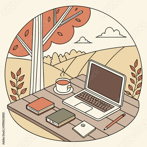 Autumn scene with laptop books coffee cup pen on a rustic table, a rustic wooden table is set for work outdoors amidst an autumn