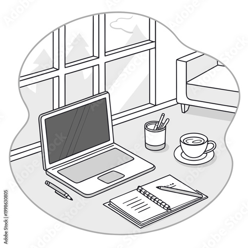 Desk setup with laptop notebook pen coffee with snowy mountain view remote work home office daily life flat design notebook