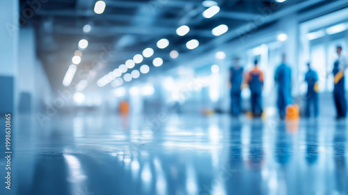 Large premises cleaning concept featuring professional cleaners managing a spacious commercial or industrial space. Defocused large space background. Large premises cleaning,