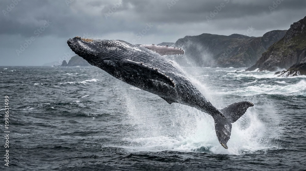Naklejka premium Humpback whale breaching near rugged coastal cliffs