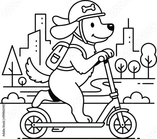 Fényképezés Dog riding scooter in city with buildings trees