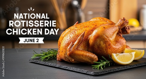 Roasted chicken on slate board with lemon and rosemary for national rotisserie chicken day