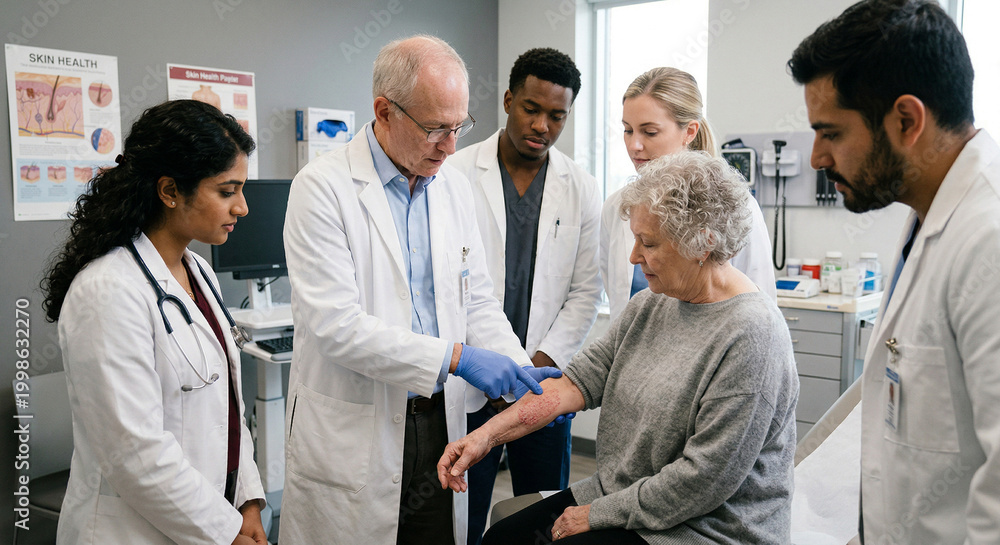Fototapeta premium Senior dermatologist demonstrating skin condition to medical students