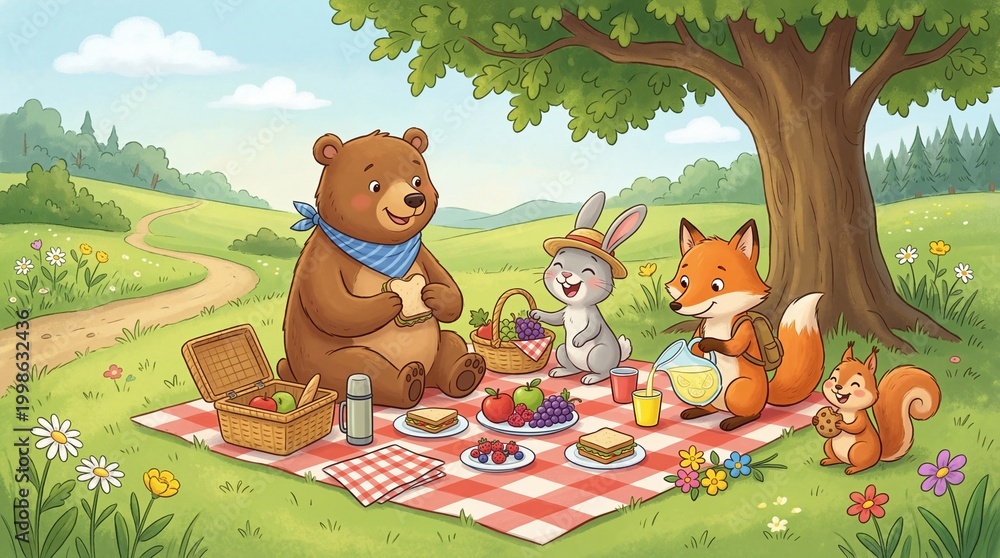 Fototapeta premium Woodland animals picnicking together in a lush meadow