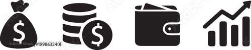 Financial growth icons money bag coins bar chart and rising graph