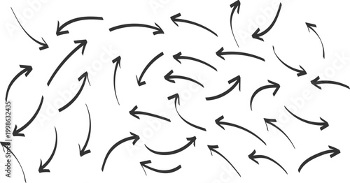 Chaotic flow a dense collection of black arrows pointing in various directions on a white background