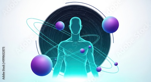 Human body depicted with abstract spheres and rings on light background