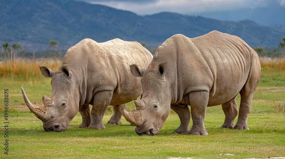 Obraz premium Rhinos graze outside on a green field.