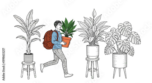 Plant, man carrying, indoor gardening, houseplants, vector illustration