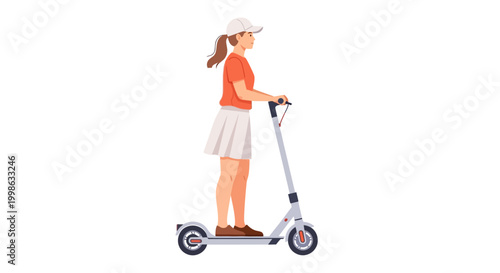 Woman riding electric scooter, standing on e-scooter, orange shirt, white skirt, modern transportation