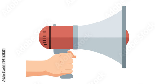 Megaphone, loudspeaker, announcement icon, public address system, hand holding megaphone, promotional vector graphic