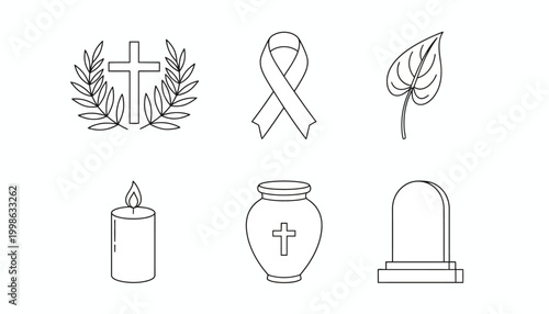Funeral, memorial, and mourning icons, black line illustrations, set of 6 symbols, cross, candle, urn, tombstone, awareness ribbon, leaf