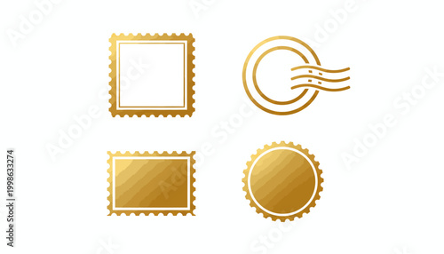 Golden postal stamps, icons, seals, vector graphics, shiny metallic symbols