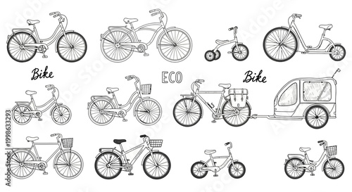 Eco friendly bicycles, bike illustrations, sustainable transport, cycling vehicles, eco bike collection