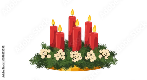 Christmas Advent Wreath, Holiday Decoration, Red Candles, Evergreen Floral Arrangement