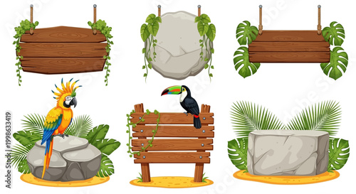 Tropical jungle elements, wooden signs, colorful birds, plants, vector icons