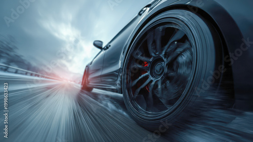 Dynamic view of a speeding black sports car tire on a wet road with motion blur and dramatic moody sky during sunset drive