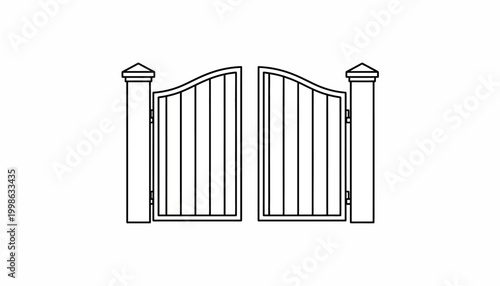 Vector gate, open fence, metal entrance, garden gate, black line drawing