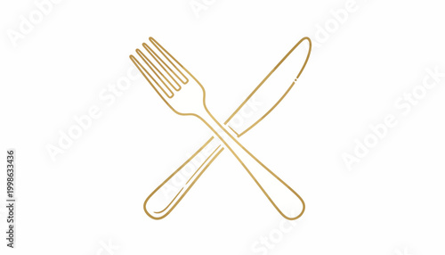 Golden cutlery icons, crossed utensils, fork and knife, dining symbols, flatware illustrations