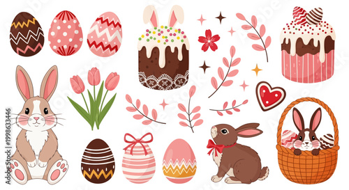 Easter icons, pink Easter eggs, bunny illustrations, spring stickers, 20 vector graphics